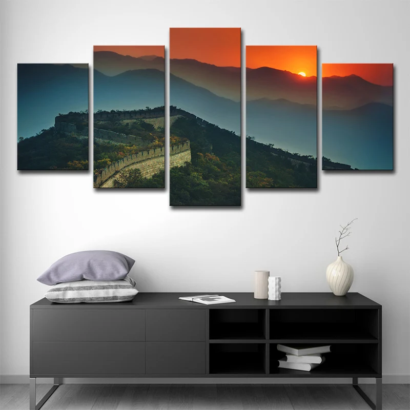Impresión en lienzo de inspiración global, verde opaco, la Gran Muralla, vista al atardecer, arte de pared | Resistente al...