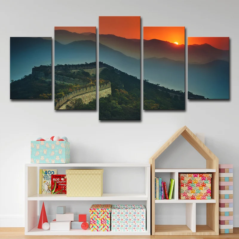 Impresión en lienzo de inspiración global, verde opaco, la Gran Muralla, vista al atardecer, arte de pared | Resistente al...