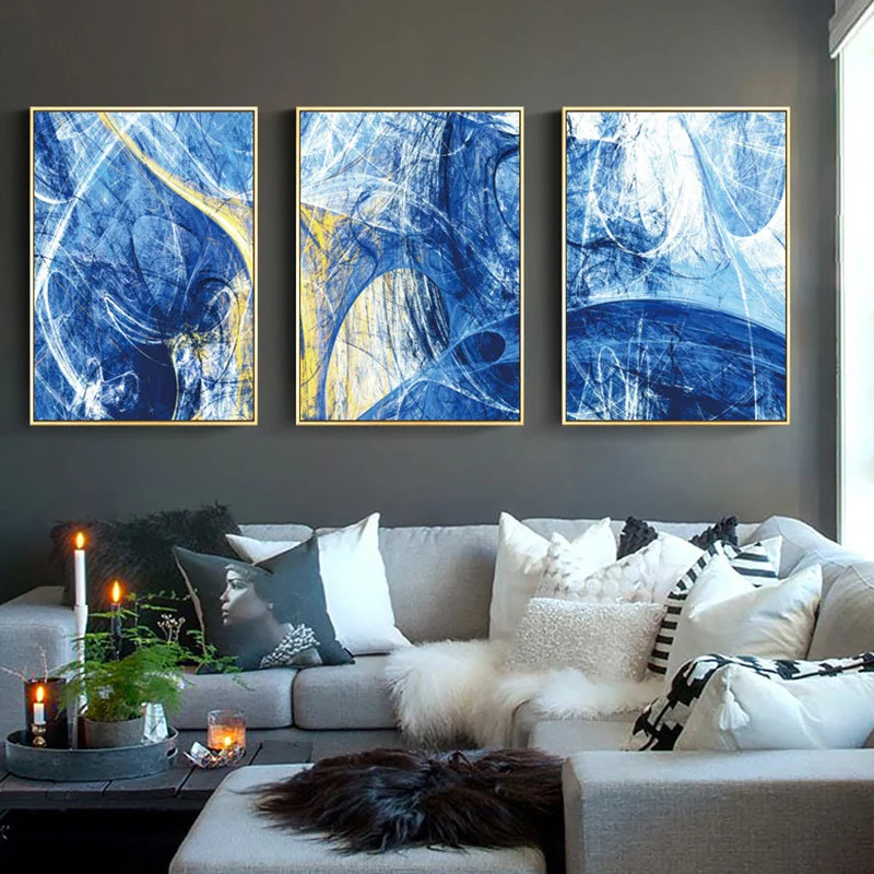 Letrero Decorativo Decoración de arte de pared con patrón abstracto azul de lienzo de estilo contemporáneo, opciones de ta...