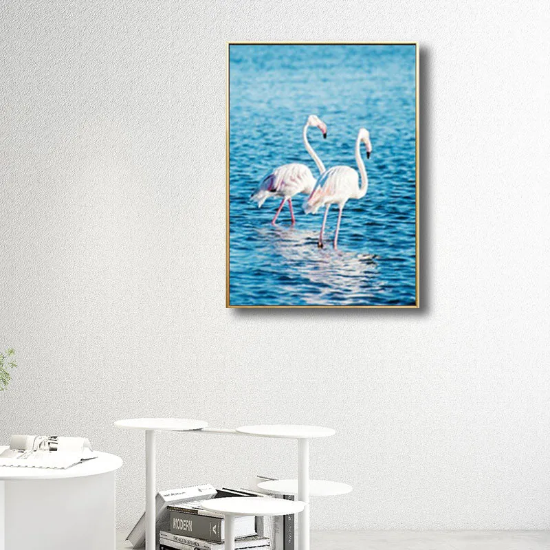Letrero Decorativo Impresión de pared natural de flamenco, lienzo texturizado directo, arte en azul para habitación de inv...