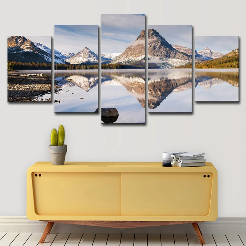Letrero Decorativo Mountain Lake Reflection Paisaje Lienzo Arte de la pared Modernismo Decoración de pared de varias pieza...