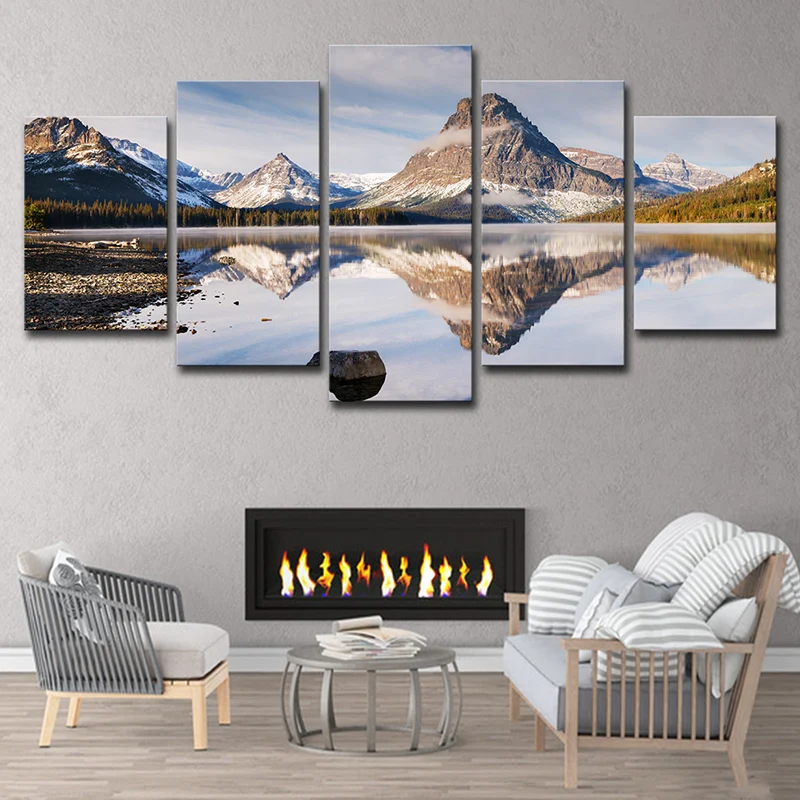 Letrero Decorativo Mountain Lake Reflection Paisaje Lienzo Arte de la pared Modernismo Decoración de pared de varias pieza...