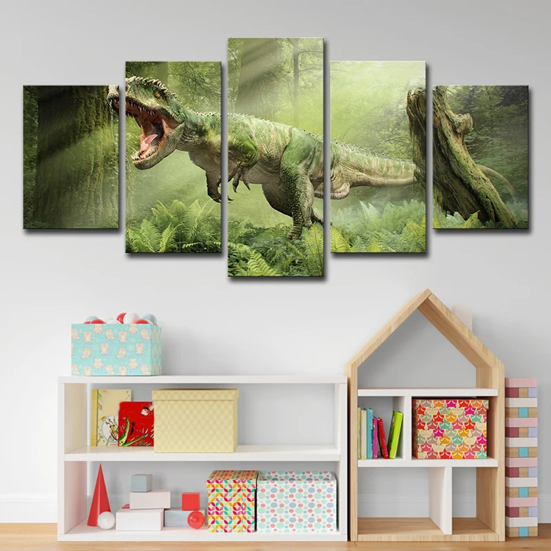 Lienzo de dinosaurio con impresión digitalizado verde, arte de pared, decoración de pared de dormitorio de ciencia ficción...