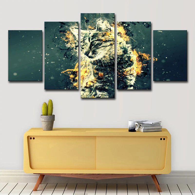 Lienzo de gatito con impresión digital, decoración artística de pared de estilo reciente verde y dorado para dormitorio pa...