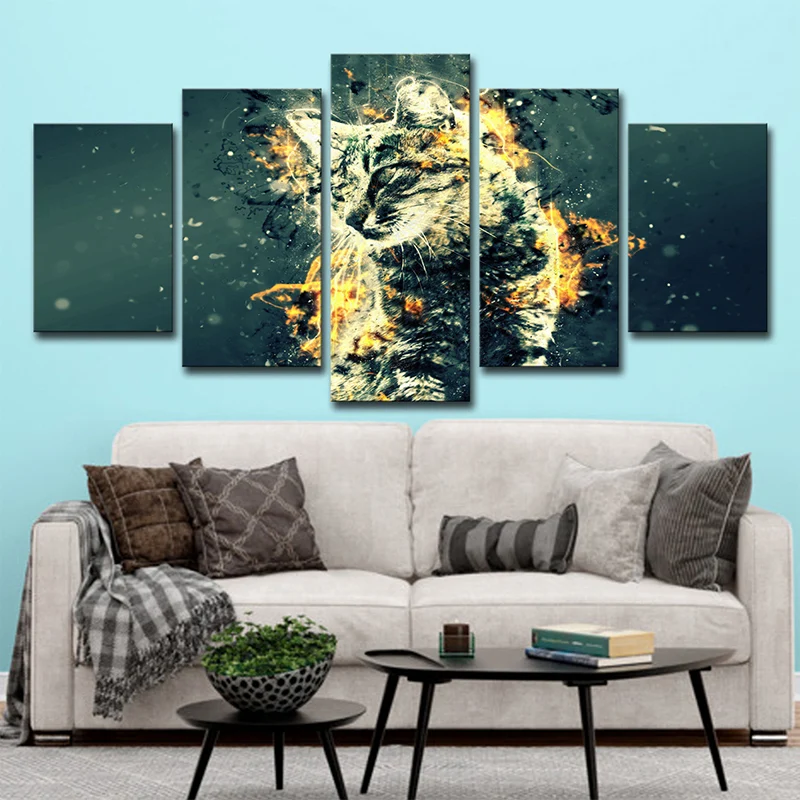 Lienzo de gatito con impresión LCD, decoración artística de pared de estilo moderno verde y dorado para dormitorio para Pa...