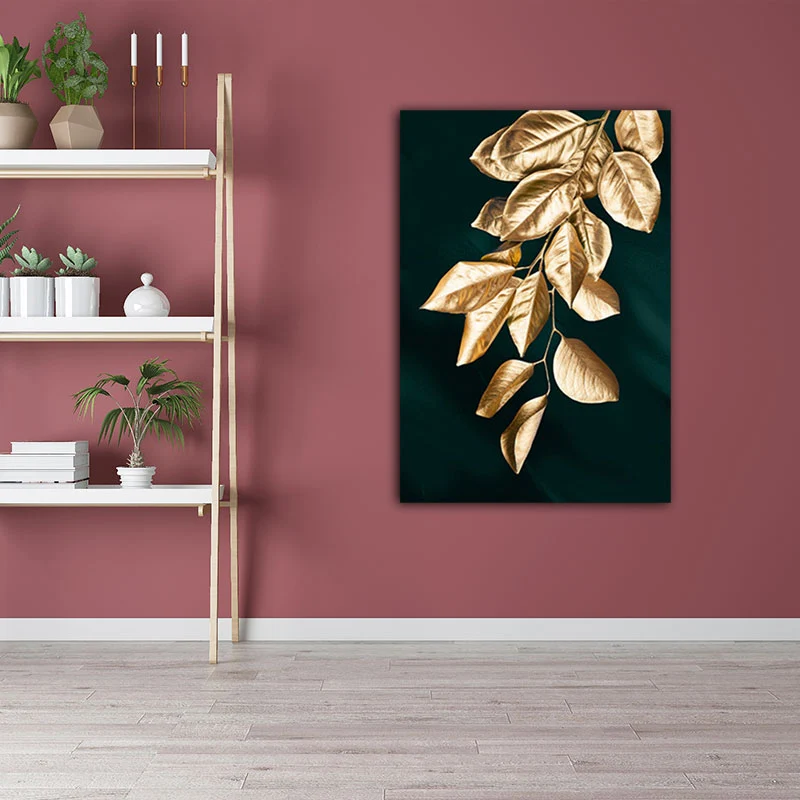 Lienzo de hojas doradas, decoración artística de pared texturizada de estilo reciente botánico para habitación de invitado...