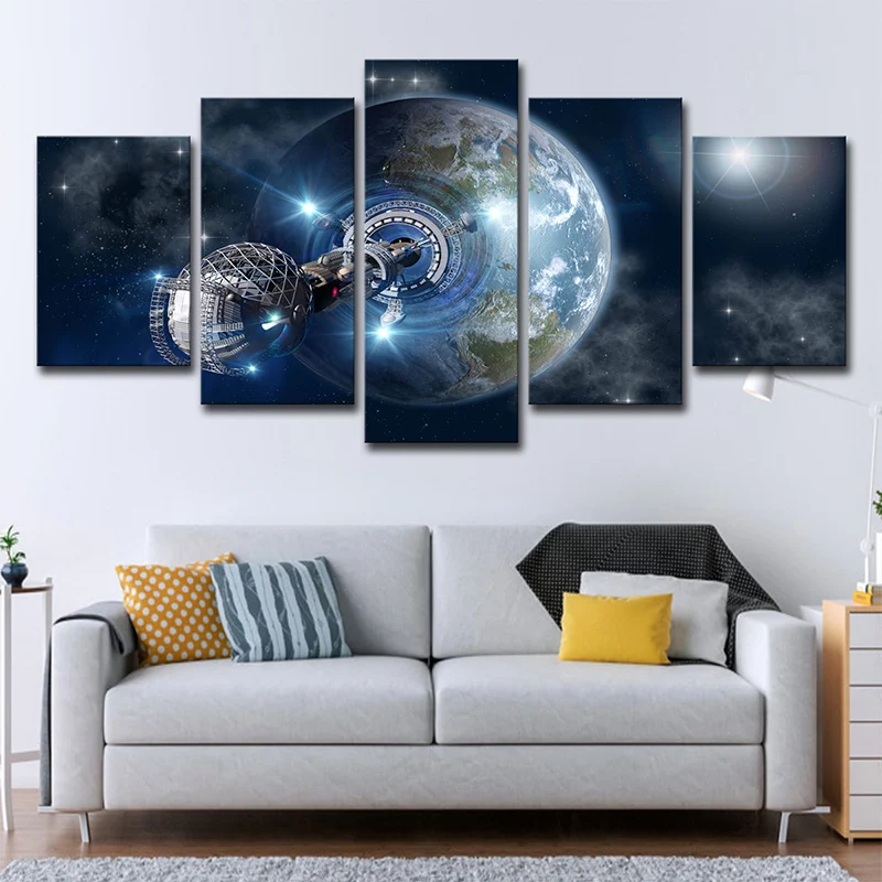 Lienzo impreso de estación espacial terrestre ficticia, decoración de pared azul negro de varias piezas para habitación Azul