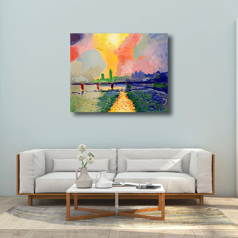 Lienzo de paisaje, arte de pared, impresionante puente Charing Cross con pintura al atardecer en rosa para Pared Exterior...