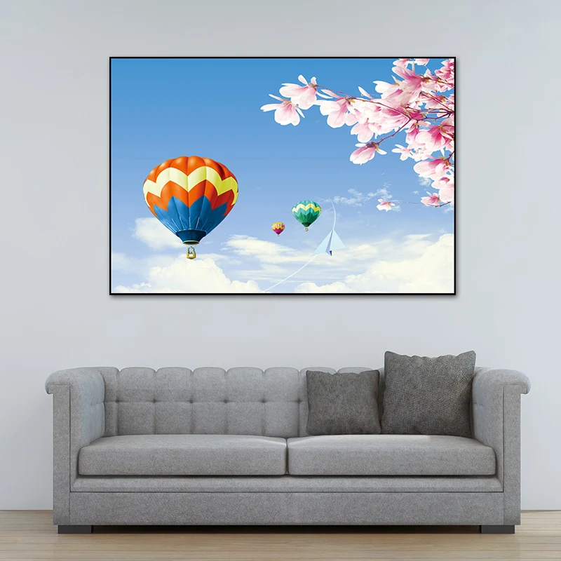 Lienzo Pastel pared arte dibujos animados paisaje con globo aerostático decoración de pared para dormitorio con Diseño de...