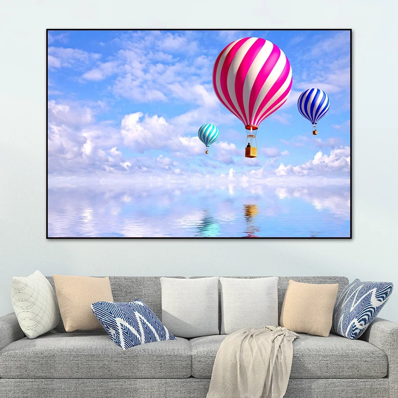 Lienzo Pastel pared arte dibujos animados paisaje con globo aerostático decoración de pared para dormitorio con Diseño de...