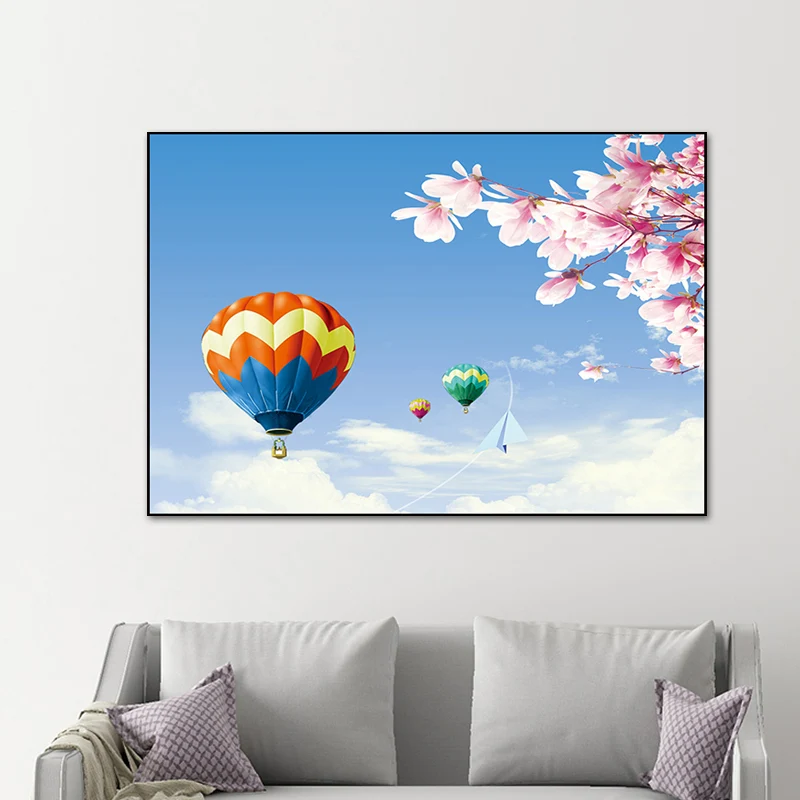 Lienzo Pastel pared arte dibujos animados paisaje con globo aerostático decoración de pared para dormitorio con Diseño de...