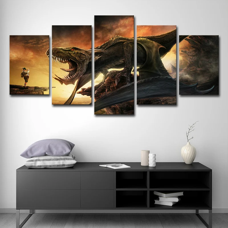 Lienzo de varias piezas para decoración de pared, impresión artística de dinosaurio rugiente de ciencia ficción en amarill...