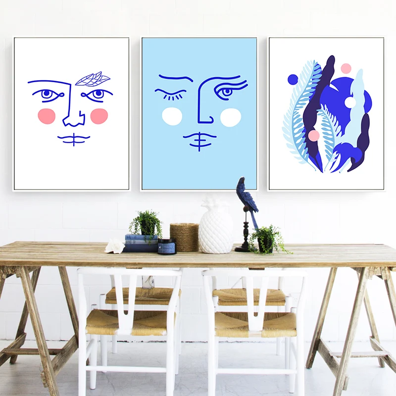 Línea de lápiz Figura Cara Lienzo Arte Minimalismo Decoración de pared texturizada en color pastel con Acabado Envejecido...