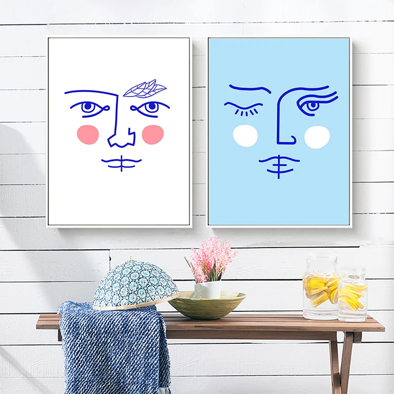 Línea de lápiz Figura Cara Lienzo Arte Minimalismo Decoración de pared texturizada en color pastel con Acabado Envejecido...