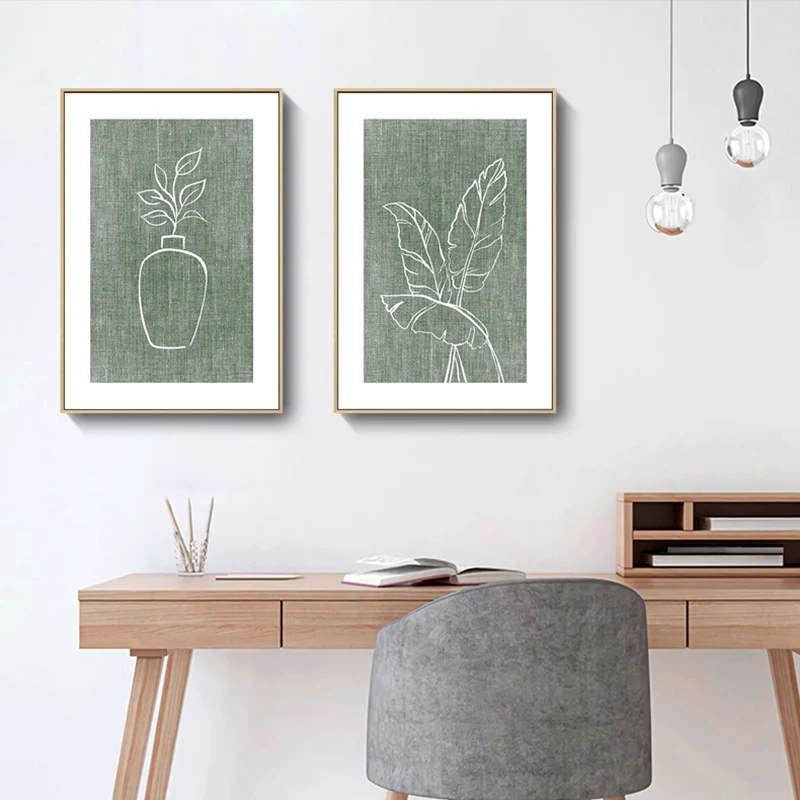 Minimalismo botánico y florero, pintura verde para dormitorio de niñas, arte de pared, varios tamaños con Mensaje de Bienv...