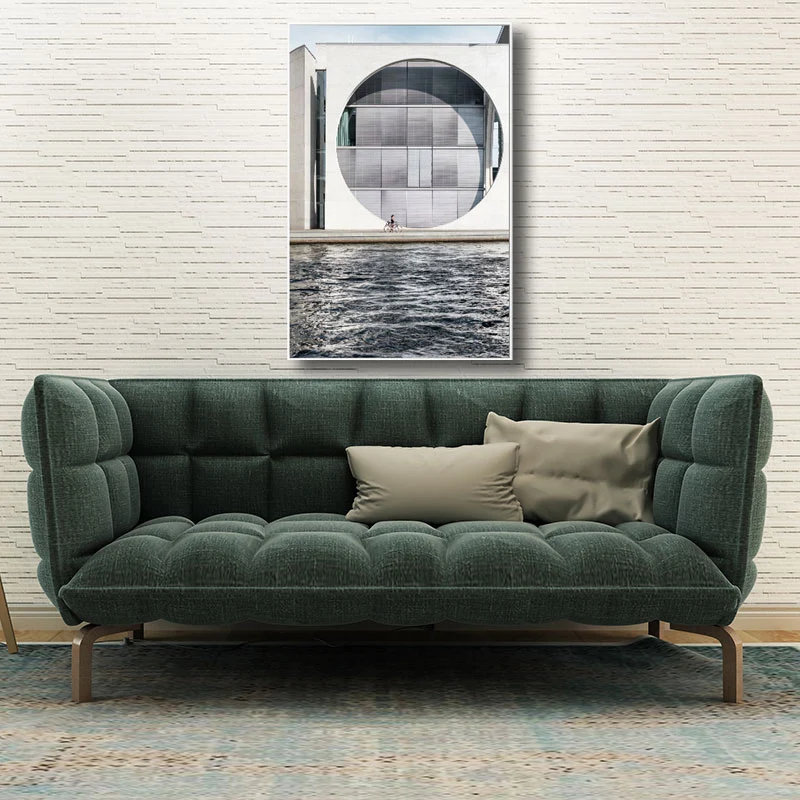 Minimalismo edificio junto al río pintura lienzo decorativo gris pared arte impresión para salón | Resistente al Agua y al...