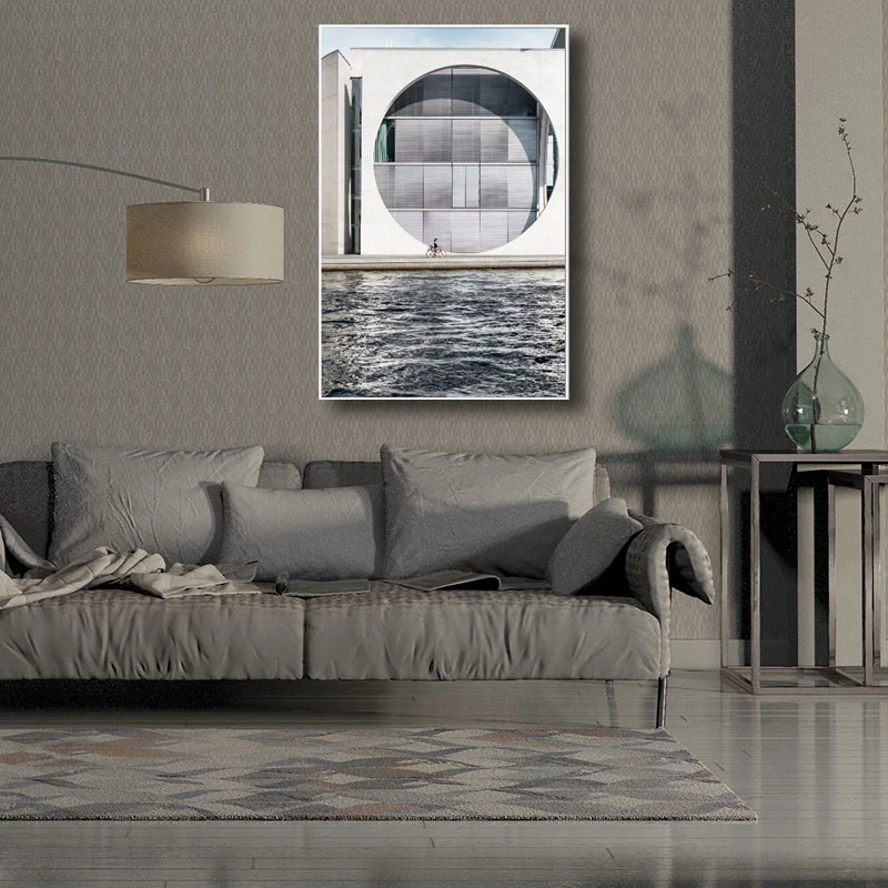 Minimalismo edificio junto al río pintura lienzo decorativo gris pared arte impresión para salón | Resistente al Agua y al...