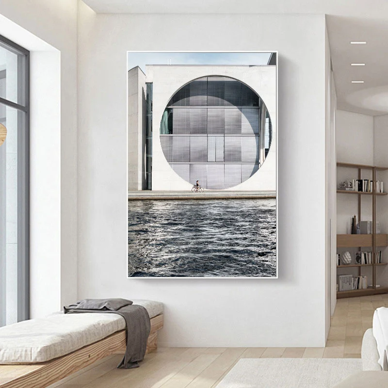 Minimalismo edificio junto al río pintura lienzo decorativo gris pared arte impresión para salón | Resistente al Agua y al...