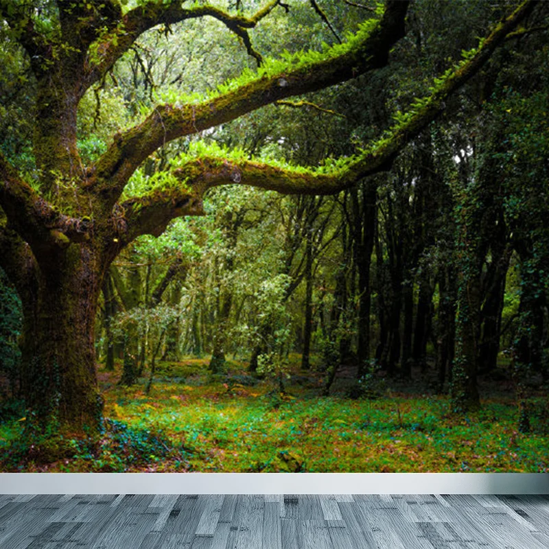 Mural extra considerable de árboles forestales, arte de pared verde no tejido para decoración de interiores, impreso perso...
