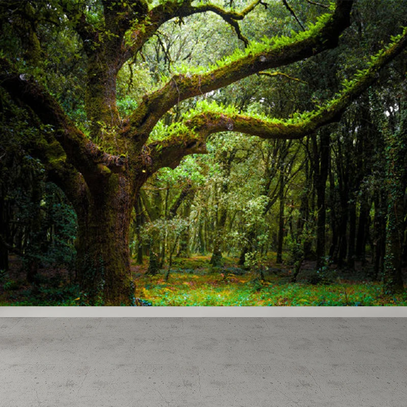 Mural extra considerable de árboles forestales, arte de pared verde no tejido para decoración de interiores, impreso perso...