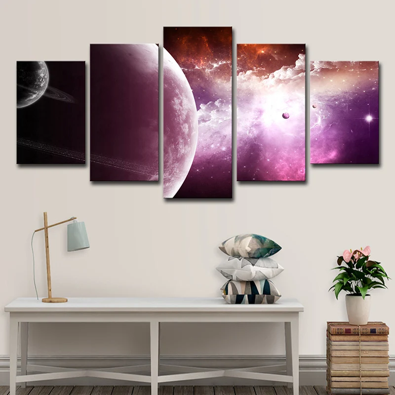 Nebulosa y planeta, arte de pared, paisaje espacial espléndido ficticio, lienzo impreso en morado con Mensaje de Bienvenid...