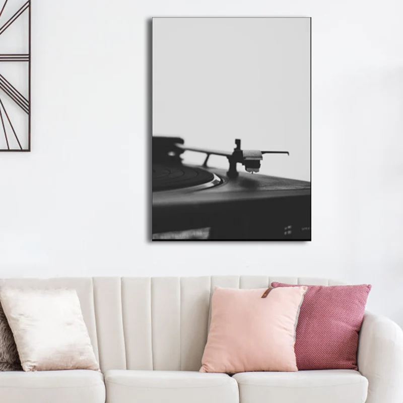 Panel Decorativo Foto fonógrafo lienzo impreso contemporáneo y nostálgico arte musical de pared en negro para habitación N...