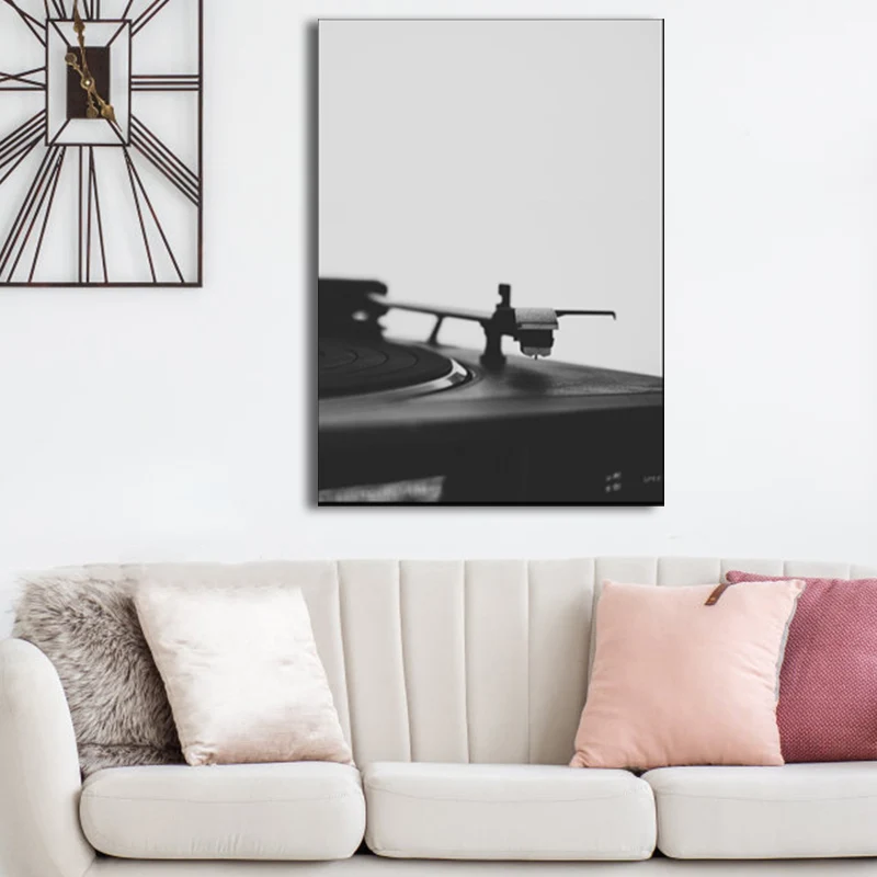 Panel Decorativo Foto fonógrafo lienzo impreso contemporáneo y nostálgico arte musical de pared en negro para habitación N...