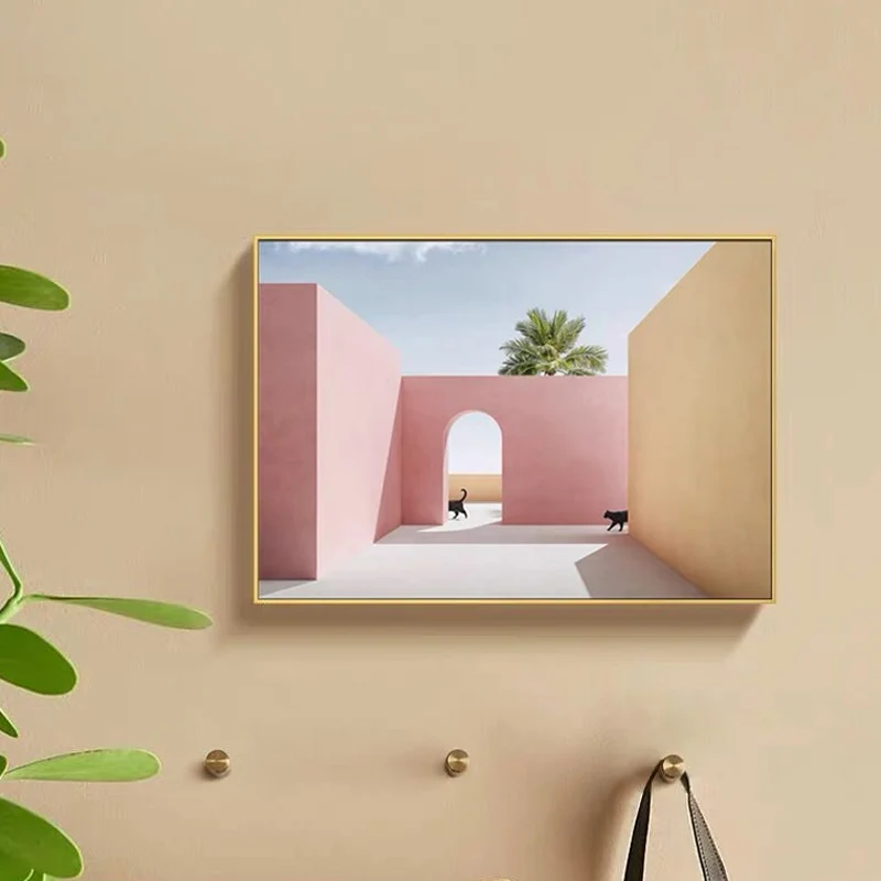 Panel Decorativo Impresión artística de pared con diseño de gato en el patio, arquitectura estética moderna, impresión en...