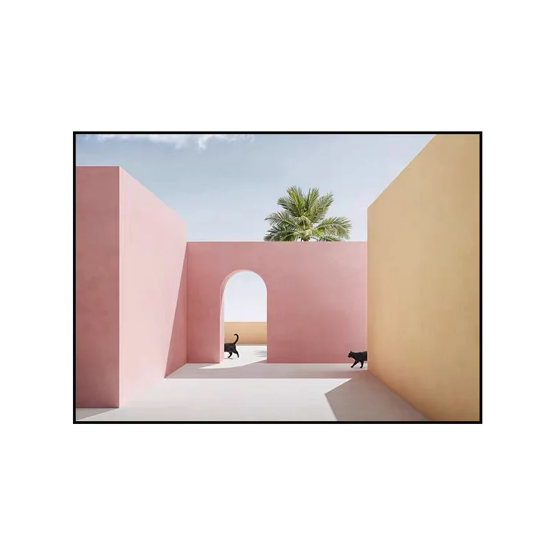 Panel Decorativo Impresión artística de pared con diseño de gato en el patio, arquitectura estética moderna, impresión en...