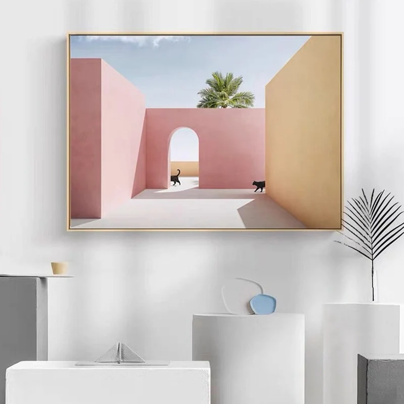 Panel Decorativo Impresión artística de pared con diseño de gato en el patio, arquitectura estética moderna, impresión en...