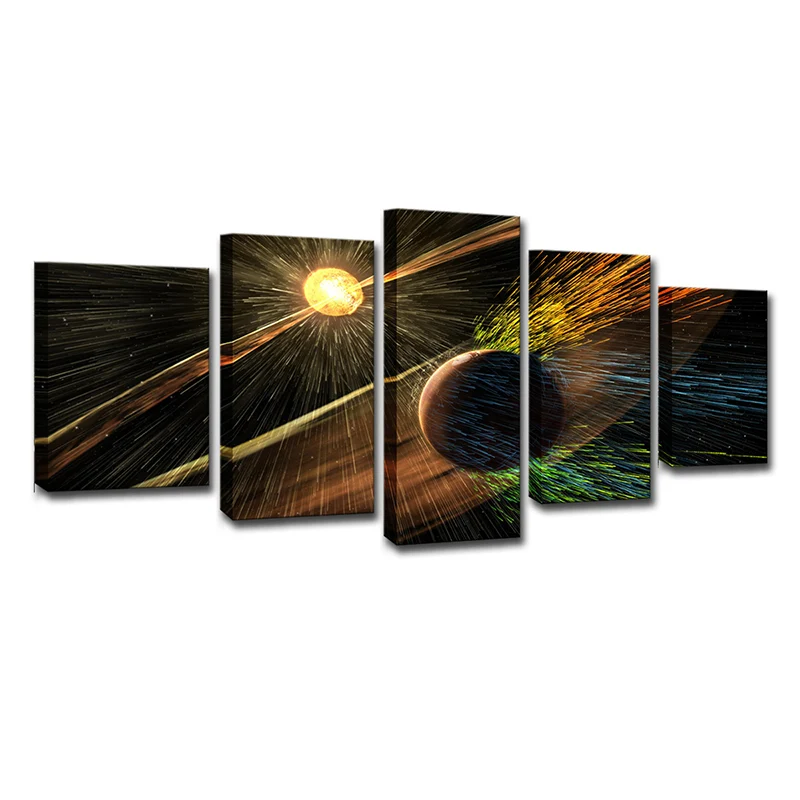 Panel Decorativo Lienzo artístico de pared con planetas espaciales ficticios, decoración de pared amarilla de varias pieza...