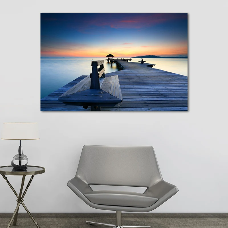 Panel Decorativo Lienzo con puente marino, hermoso paisaje marino tropical, arte de pared en color pastel Purpura
