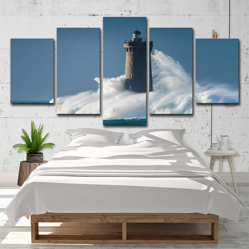 Panel Decorativo Lienzo de varias piezas para pared, faro contemporáneo golpeado por enormes olas, decoración de pared en...