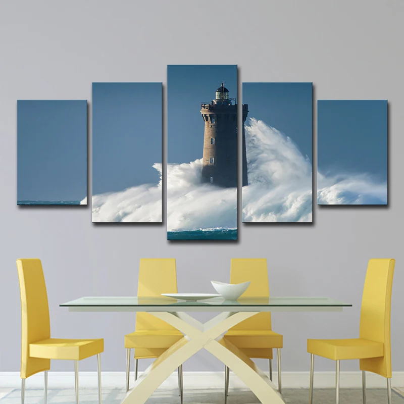 Panel Decorativo Lienzo de varias piezas para pared, faro contemporáneo golpeado por enormes olas, decoración de pared en...