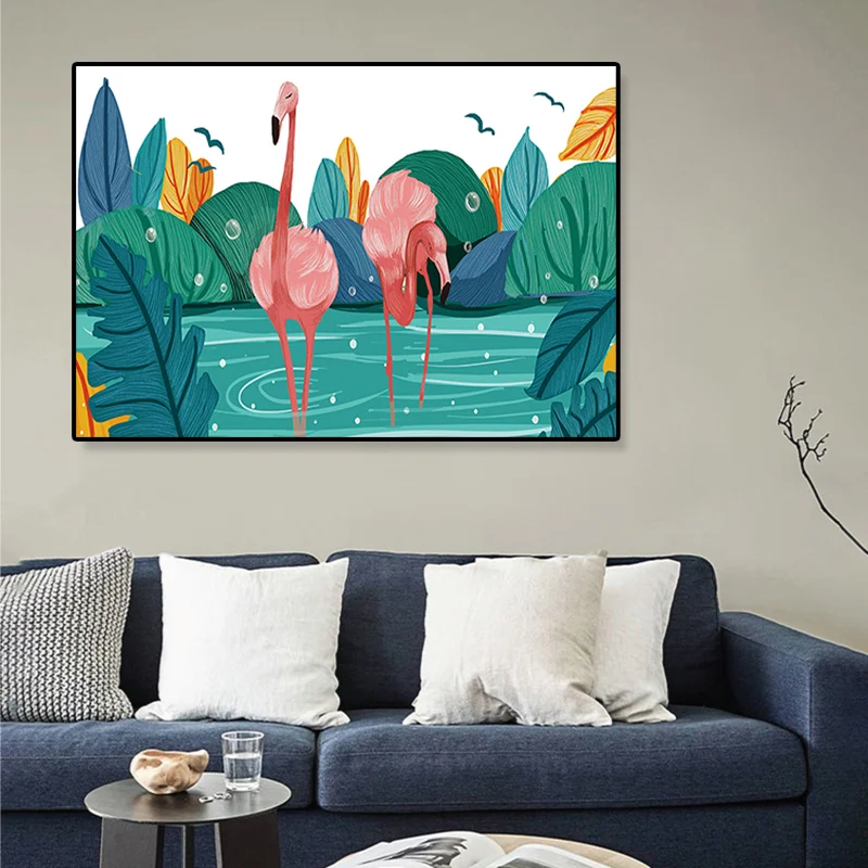 Pintura con estampado de flamencos, lienzo con textura sofisticado Tropical, arte de pared para comedor Rosa