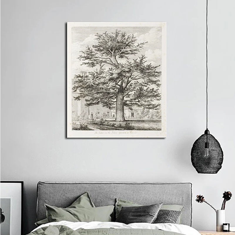 Pintura de árboles imponentes lápiz, lienzo de estilo minimalista, impresión de pared texturizada en gris con Diseño de Na...