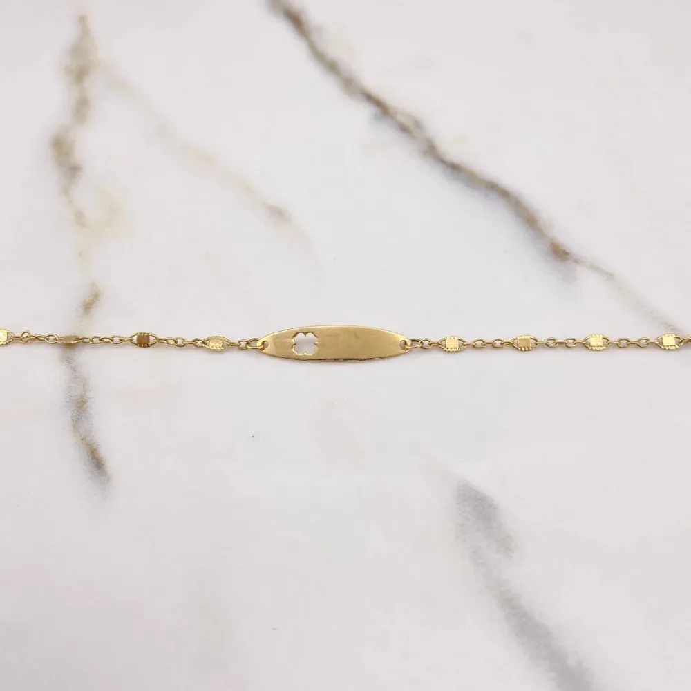 Pulso Bebé Aro Seguido 0.95gr / 14cm / Placa Flor Oro Amarillo & para Patio o Entrada