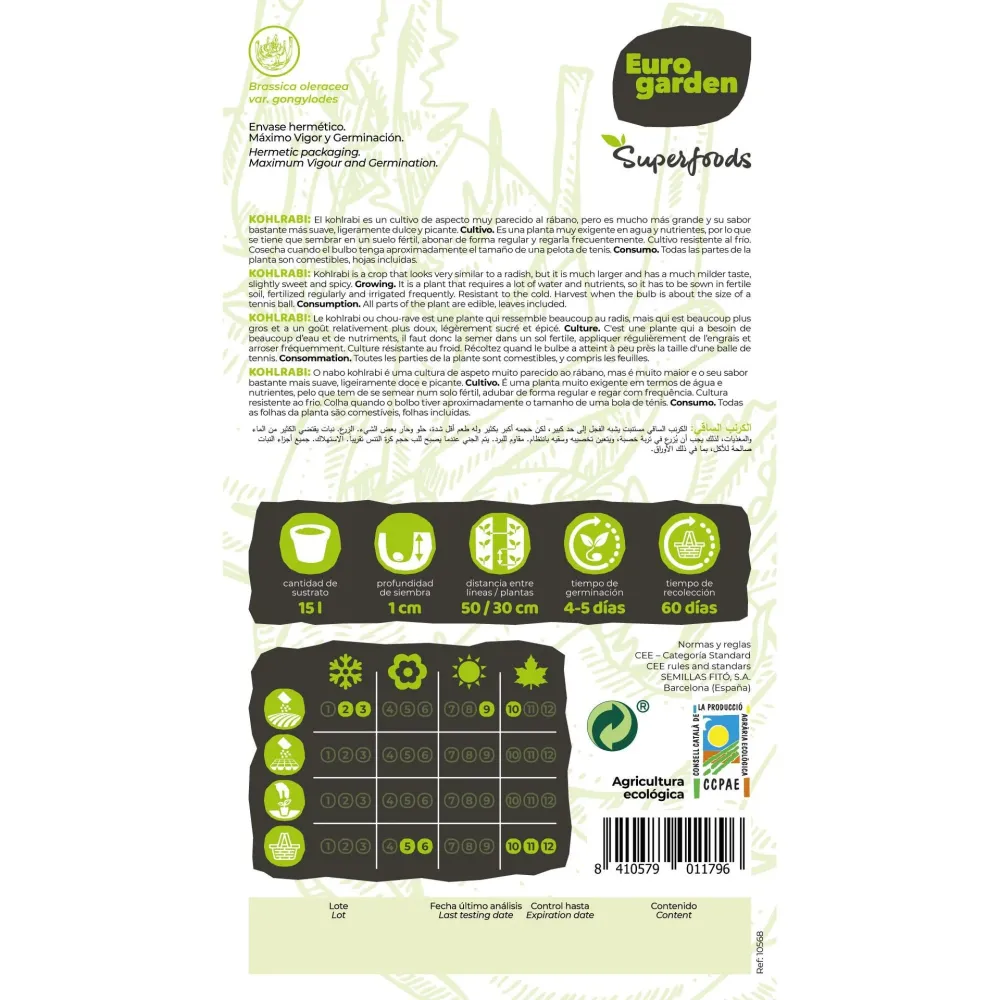 Semillas de Colinabo Kohlrabi Superschmelz ecológicas Vitalfoods para Sembrar en Maceta