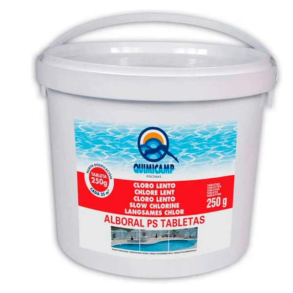 Quimicamp Alboral: Tabletas de Cloro Lento 250g - Excelente para Piscinas y Tratamiento de Agua, Envase 5kg