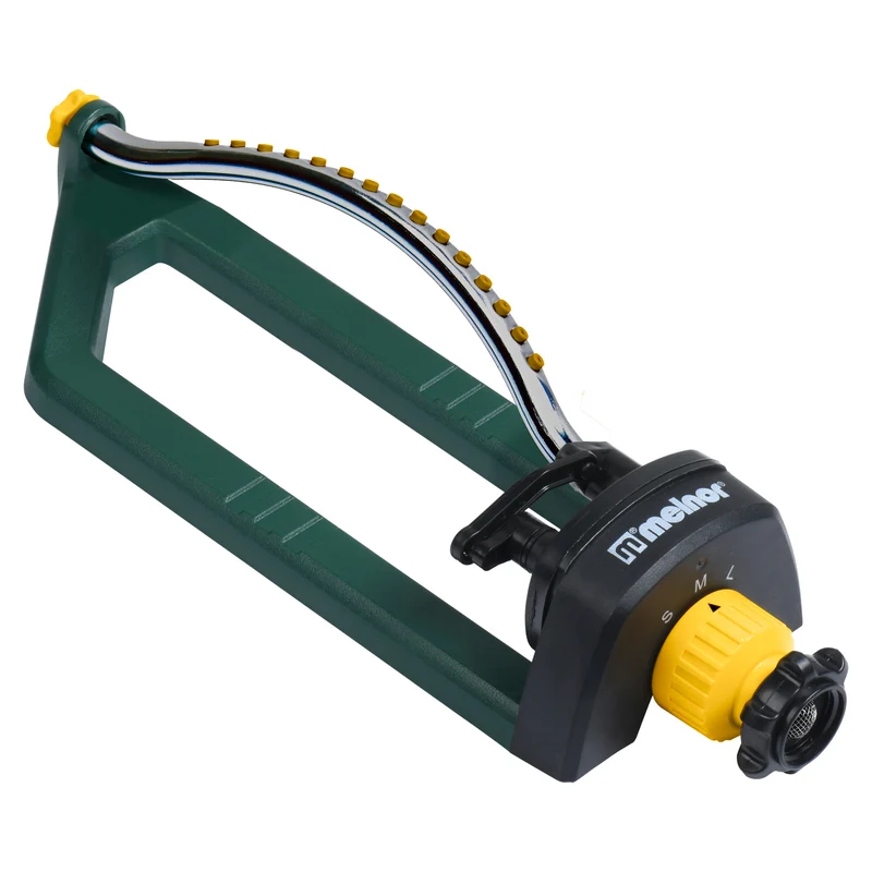 Rociador oscilante rectangular de plástico verde con base de trineo Melnor de 3000 pies cuadrados