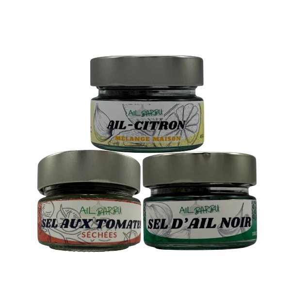 Coffret Ail Barbu #2 – Ail Citron, Sel aux Tomates & Sel d’Ail Noir
