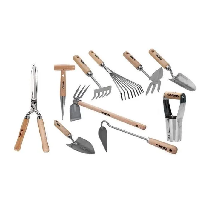 Kit de 10 herramientas de jardín vito - mango de madera de acero inoxidable con Funda Protectora Incluida