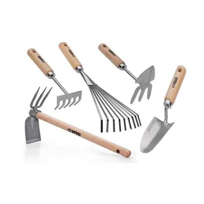Kit de 5 herramientas de jardín vito - mango de madera de acero inoxidable con Funda Protectora Incluida