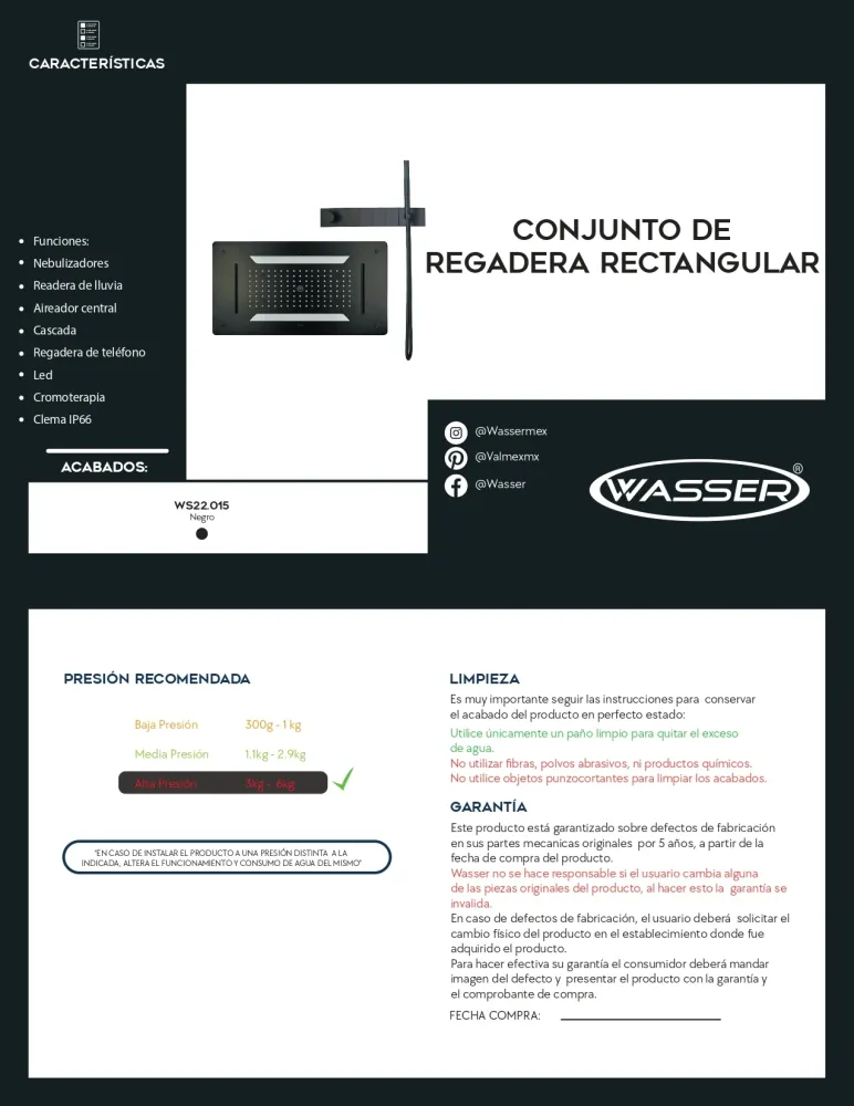 CONJUNTO DE REGADERA RECTANGULAR TECHO WS22.015 con Tecnologí de Ahorro
