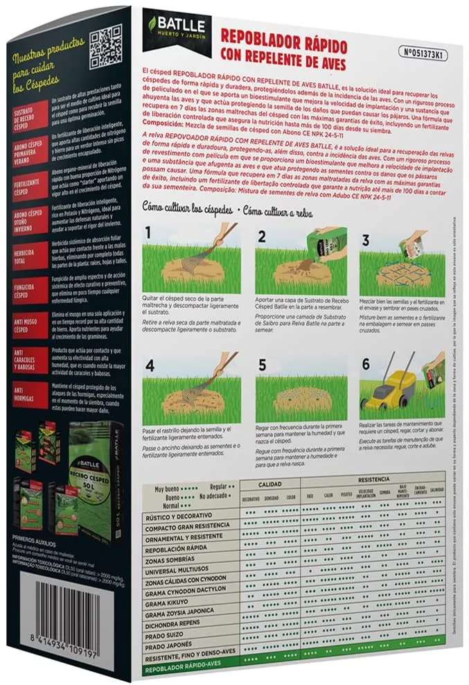 Plántula de Semillas de Césped - Césped Repoblación rápida con Repelente de Aves 1kg - Batlle