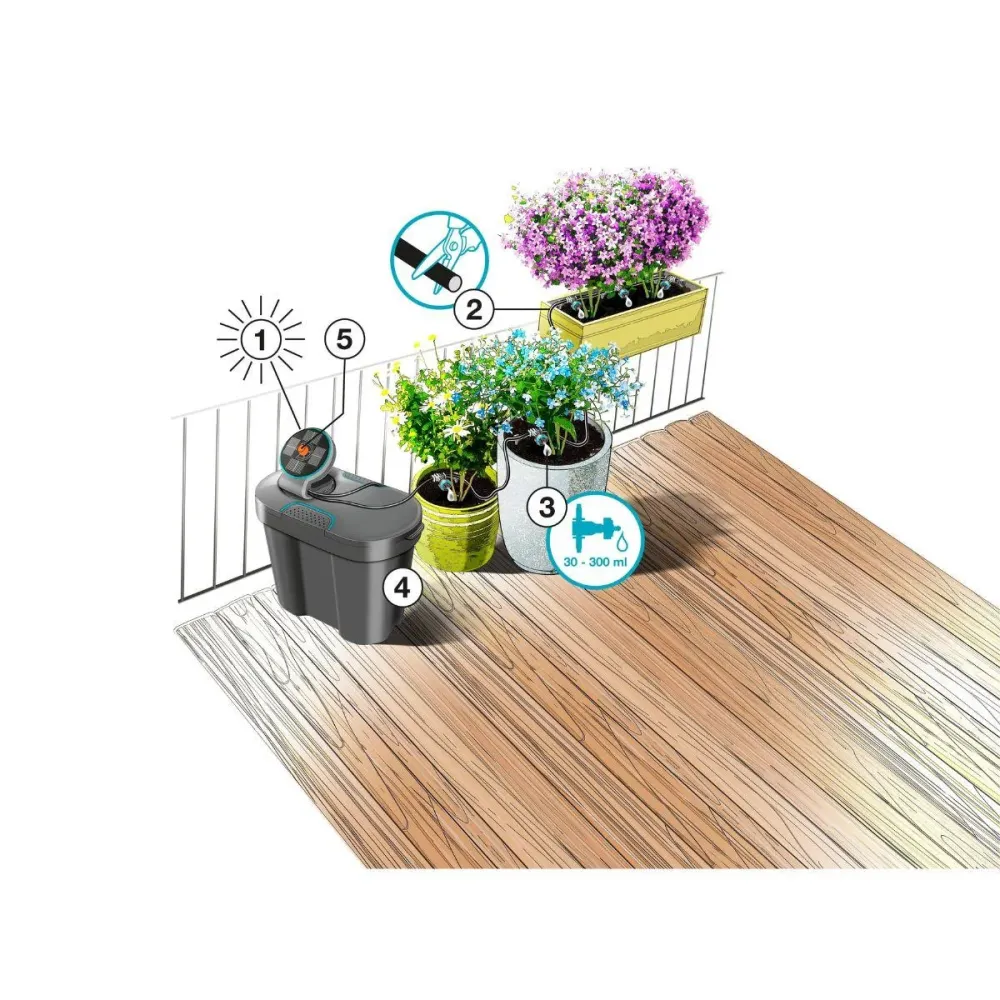 Set riego solar AquaBloom con depósito incluido Gardena en Sobre de 50 Semillas