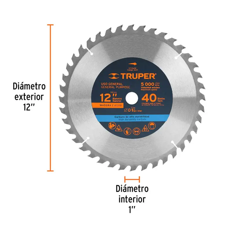 Disco sierra 12" para madera, 40 dientes centro 1", truper | Garantí Incluida