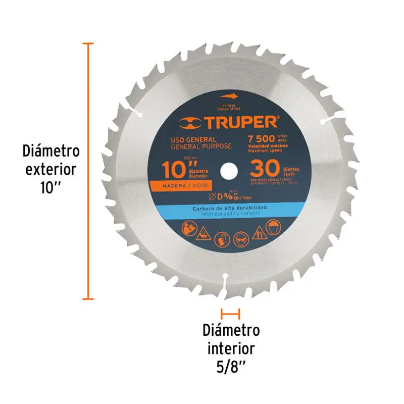 Transplantador de Acero Forjado Disco sierra 10" para madera, 30 dientes centro 5/8", truper