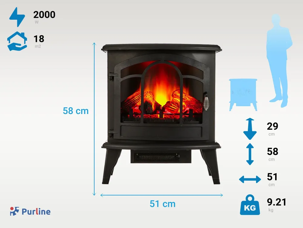 Chimenea Eléctrica de suelo, 2000W diseño típico en acero negro, con patas y mando distancia para Poda de Árboles