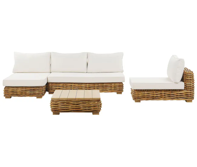 Conjunto de sala de estar 4 plazas por módulos de ratán natural/marrón dorado/blanco crema derecho VARALLO con Mango Desmo...